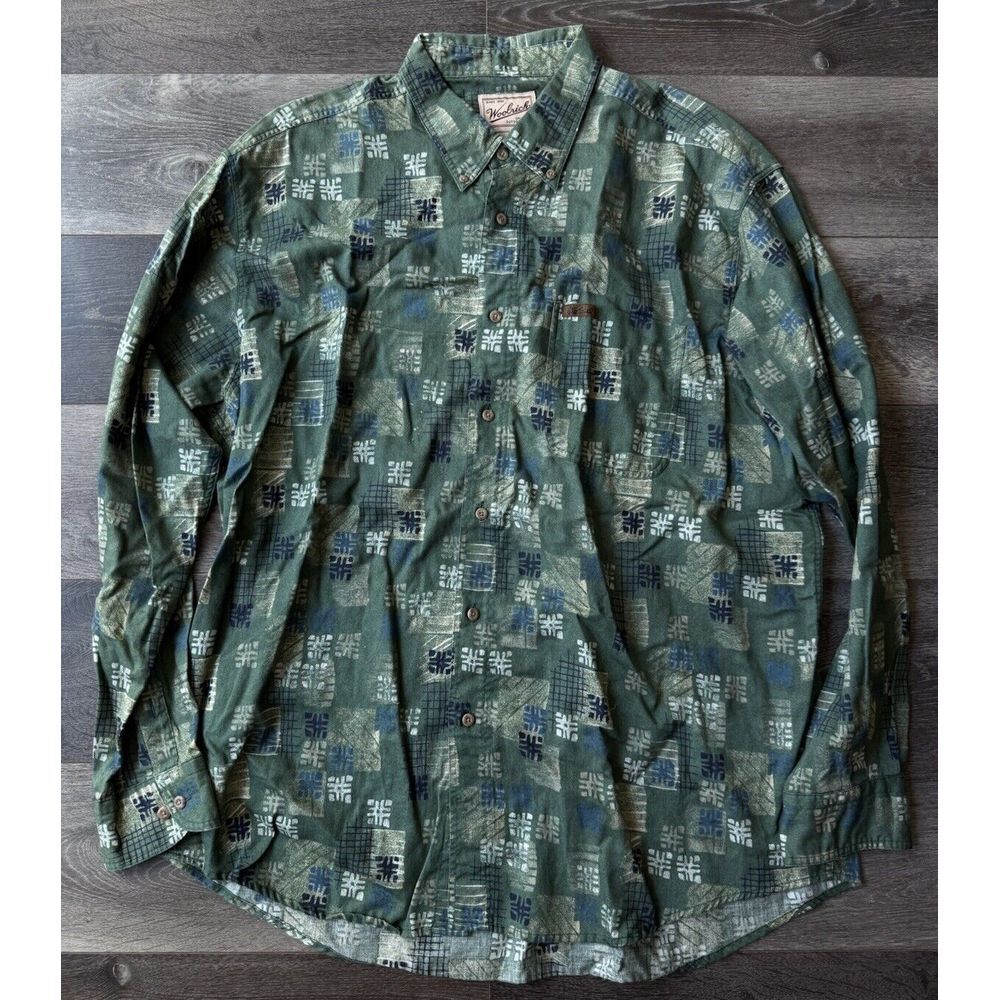 VTG Woolrich Mens Sz XL Long Sleeve Button Down Shirt Green Print Design Squares